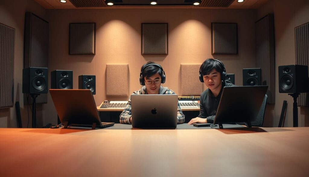A high-resolution, realistic photograph of a group of three young Japanese-looking sound creators, positioned in a modern, minimalist studio setting. The individuals are seated at a sleek desk, intently focused on their work, surrounded by state-of-the-art audio equipment and sound-dampening panels. Warm, directional lighting illuminates their faces, conveying a sense of deep concentration and creative energy. The overall scene suggests a professional, high-earning environment for the sound creation industry.
