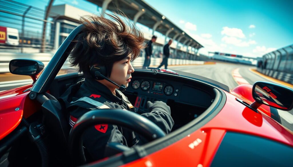 A high-speed racetrack comes into focus, with a sleek, aerodynamic race car hurtling through the curves. At the wheel, a young Japanese driver, their intense gaze fixed on the road ahead, hair whipping in the wind. The cockpit is a symphony of instruments and controls, as the driver effortlessly navigates the complex machinery. In the background, a team of technicians and engineers hover, closely monitoring the car's performance and relaying vital data. The scene exudes a sense of intense focus, discipline, and the thrill of pushing the limits of human and machine. Brilliant lighting illuminates the scene, capturing the dynamism and drama of the racing world.