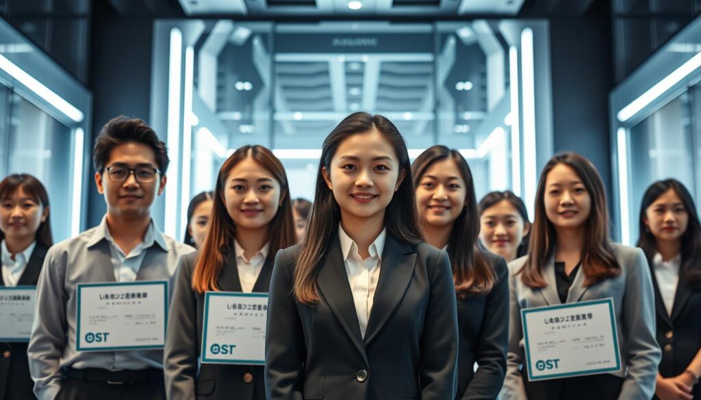 A high-tech certification ceremony set in a modern, sleek environment. In the foreground, a group of young, professional-looking Japanese individuals stand proudly, their faces conveying a sense of achievement and confidence. They are dressed in formal attire, with clean lines and minimalist details that evoke a technocratic aesthetic. The middle ground features a backdrop of futuristic architectural elements, such as glass panels and metallic surfaces, creating a sense of sophistication and innovation. The lighting is cool and directional, casting dramatic shadows and highlighting the subjects' features. The overall mood is one of precision, dedication, and the celebration of technical expertise.