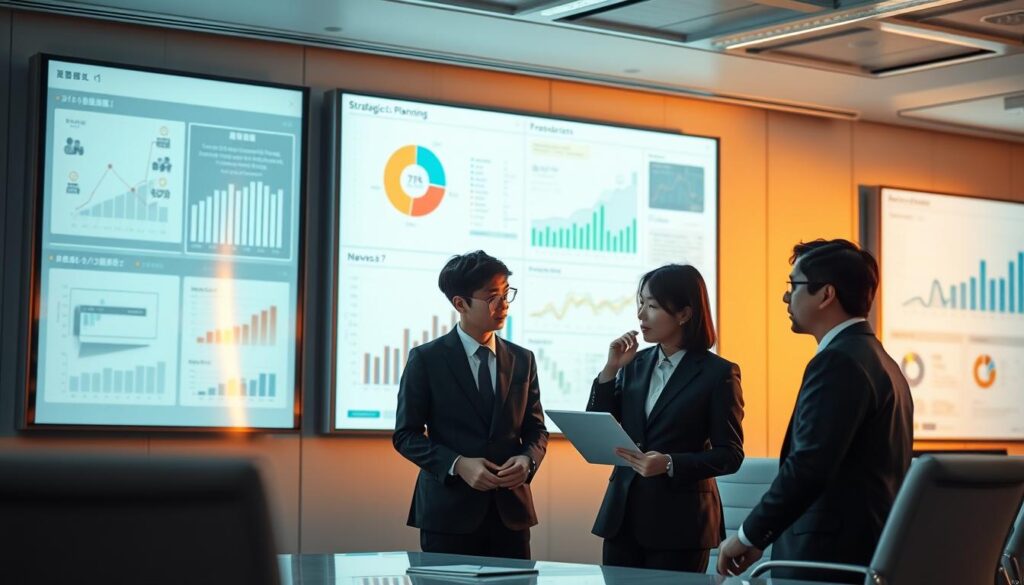 A high-tech conference room with large digital displays showcasing data visualizations and strategic planning diagrams. Three young Japanese professionals in business attire intensely analyzing charts and graphs, deep in discussion over the best course of action. Soft, directional lighting casts dramatic shadows, heightening the focused atmosphere. Sleek, minimalist furniture and clean, modern decor create a sophisticated, productive environment. The group's expressions are pensive yet determined, capturing the analytical process of data-driven decision making.