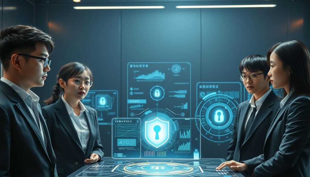 A high-tech, futuristic scene depicting the concept of information security management. In the foreground, a group of young, serious-looking Japanese individuals in sleek, professional attire are engaged in a security-focused discussion, their expressions conveying a sense of diligence and expertise. The middle ground features various holographic displays and control panels, showcasing advanced cybersecurity monitoring and analysis tools. The background is a minimalist, dark-toned environment with subtle, ambient lighting, creating a sense of gravity and importance around the subject matter. The overall atmosphere is one of precision, professionalism, and the critical importance of safeguarding sensitive information in a rapidly evolving digital landscape.