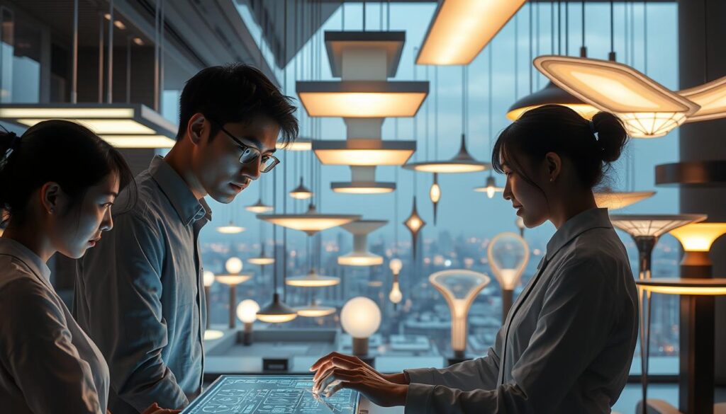 A high-tech, futuristic scene showcasing the latest lighting design technology. In the foreground, a team of young, Japanese-looking designers, dressed in sleek, minimalist attire, collaborate around a holographic display, their faces illuminated by the soft glow of the cutting-edge lighting fixtures they are developing. In the middle ground, an array of innovative lighting solutions, from sleek, angular LED panels to fluid, organic-shaped luminaires, are suspended in a meticulously curated arrangement, casting a warm, ambient light that permeates the space. The background features a panoramic view of a modern, urban skyline, hinting at the real-world applications of this advanced lighting technology. The overall atmosphere is one of innovation, precision, and a glimpse into the future of illumination design.