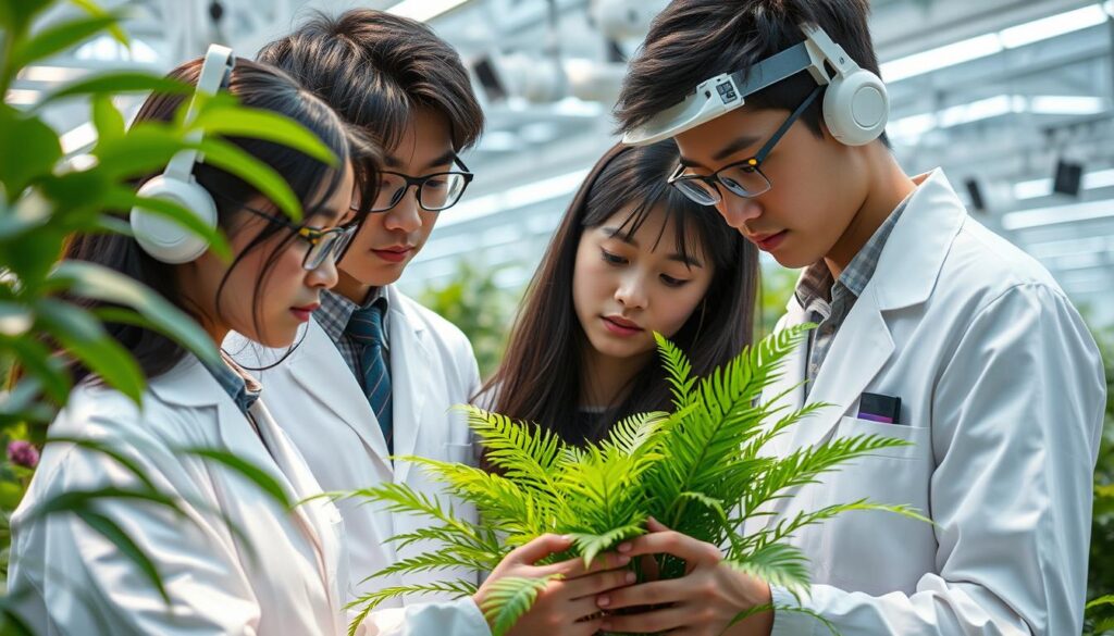 A high-tech greenhouse with sleek, futuristic plant-monitoring devices and sensors. Three young, Japanese-looking botanists in lab coats carefully examine a rare, exotic plant specimen, utilizing advanced technologies like AI-powered image analysis and robotic plant manipulators. Soft, directional lighting illuminates the scene, capturing the botanists' focused expressions and the intricate details of the lush, verdant foliage. The background blurs softly, emphasizing the technologically-enhanced, precision-driven nature of modern plant hunting.