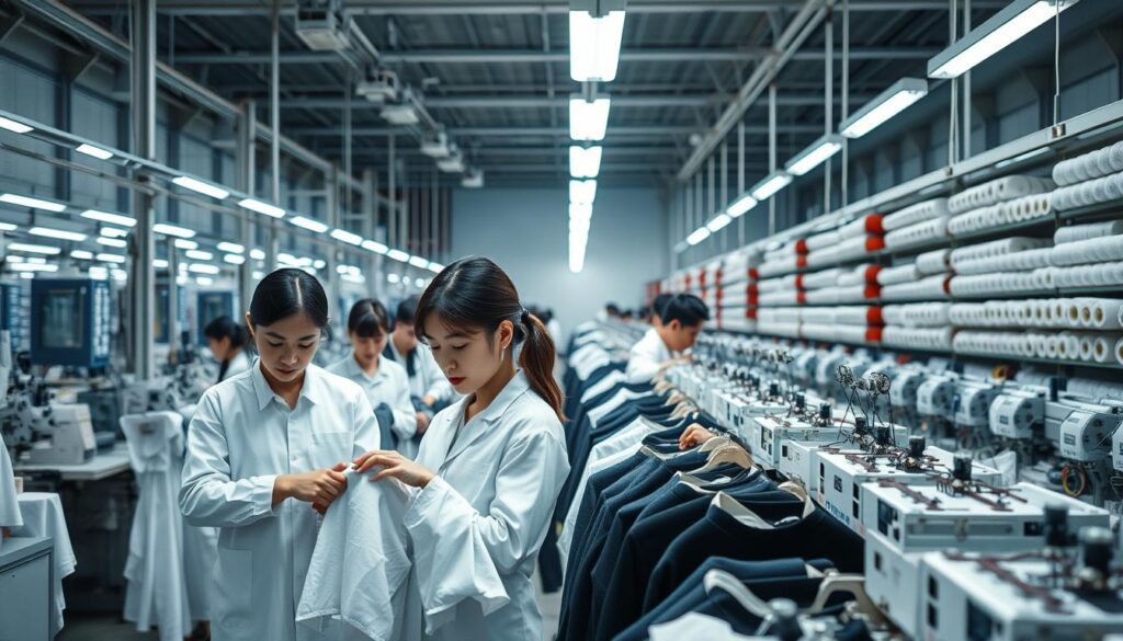 A high-tech, industrial factory floor with young, Japanese-looking workers in white uniforms diligently monitoring production processes. In the foreground, a team inspects finished garments, closely examining the quality and details. In the middle ground, machines hum as they cut, sew, and assemble the clothing. The background features rows of neatly organized fabric bolts and supply racks. Bright, directional lighting casts dramatic shadows, highlighting the precision and efficiency of the manufacturing workflow. The scene conveys a sense of order, discipline, and pride in the production of high-quality fashion.