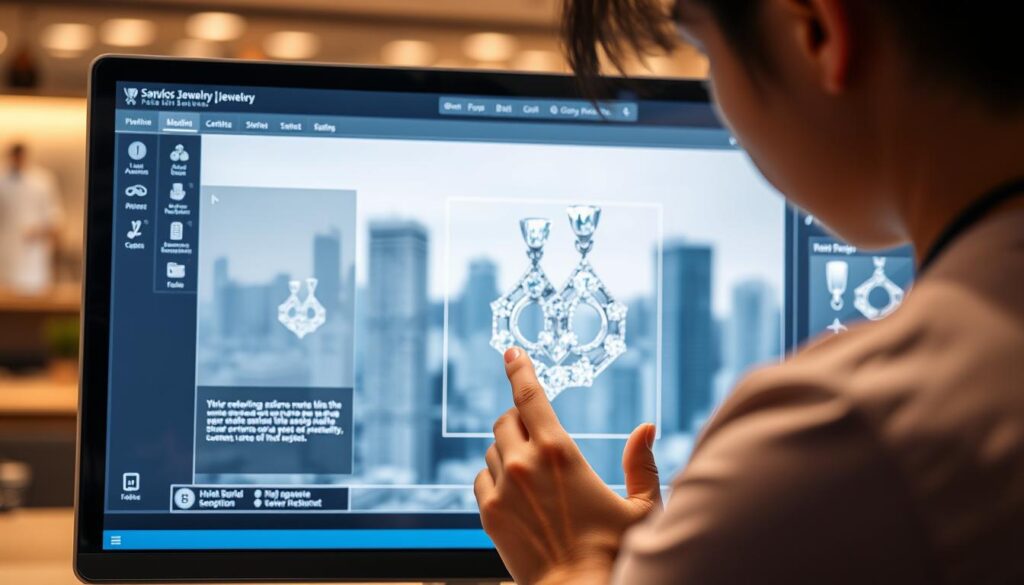 A high-tech jewelry design software interface with sleek, minimalist design. The screen displays a 3D model of a delicate pendant, rendered in stunning detail with precise gemstone placements. In the foreground, the hands of a young, serious-looking Japanese designer manipulate the digital model, their deft movements guided by an intuitive UI. The background features a blurred city skyline, hinting at the software's versatility and the designer's professional setting. Soft, warm lighting creates a focused, productive atmosphere as the designer refines their intricate creation.