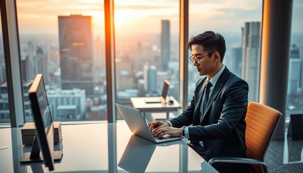 A high-tech office interior with floor-to-ceiling windows overlooking a vibrant cityscape. In the foreground, a young Japanese man in a smart business suit is seated at a sleek, minimalist desk, deep in thought as he reviews financial data on his laptop. The lighting is warm and focused, casting a soft glow across the room. The middle ground features modern, ergonomic office furniture and equipment, while the background showcases the bustling urban landscape outside, hinting at the dynamic and fast-paced nature of the technical director's work. The overall atmosphere conveys a sense of professionalism, innovation, and the potential for a lucrative career.