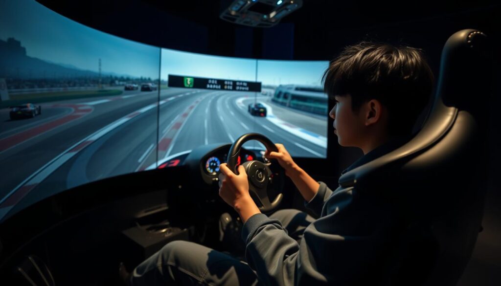 A high-tech racing simulator with a realistic cockpit setup. The driver, a young Japanese-looking individual with black hair, sits intently, hands gripping the steering wheel as they navigate a complex virtual racing course. Ambient lighting casts dramatic shadows, creating a sense of intensity and focus. The simulation features advanced graphics and physics, immersing the driver in a lifelike racing experience. The overall scene conveys the rigorous training and preparation required for professional racing drivers, capturing the essence of the "プロレーサーの練習方法とトレーニング" section.