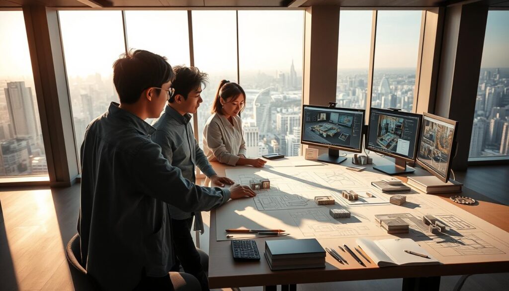 A highly detailed architectural design process, captured in a realistic photographic style. The scene depicts a team of young, Japanese-looking architects gathered around a large drafting table, intently studying plans and sketches. Soft, directional lighting casts warm shadows, creating a contemplative, focused atmosphere. The foreground showcases technical drawing tools, scale models, and CAD software displayed on multiple computer screens. In the middle ground, the architects are engaged in lively discussion, gesturing towards the plans. The background features a panoramic view of a modern cityscape through floor-to-ceiling windows, hinting at the real-world implications of their work.