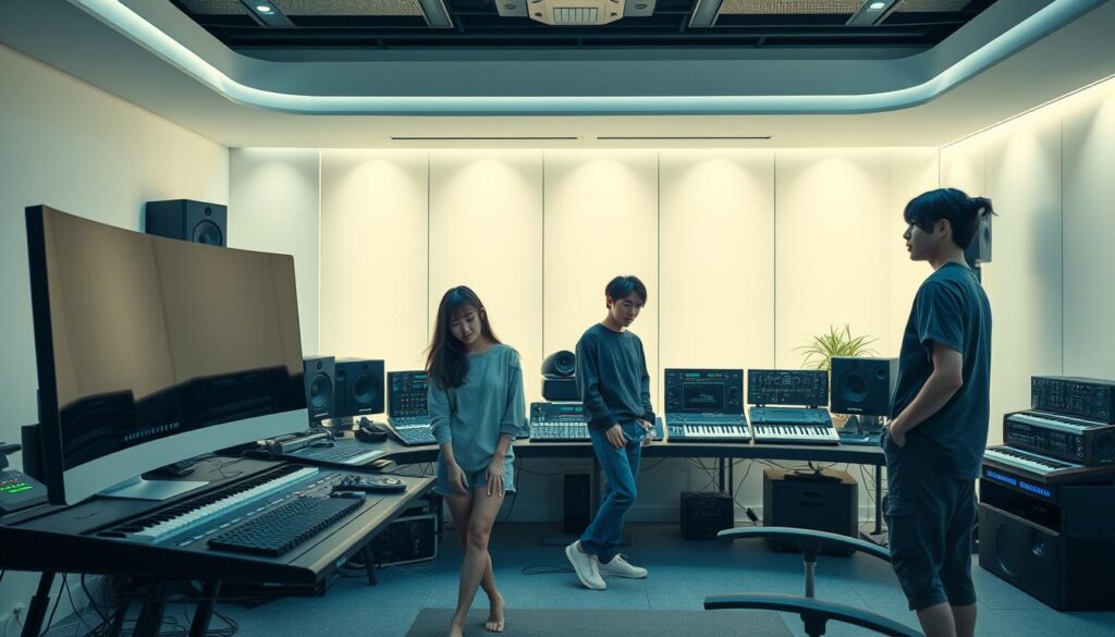 A highly detailed, futuristic digital music production studio with cutting-edge equipment and software. The foreground features a sleek, minimalist workstation with a large, curved ultrawide monitor, a professional-grade MIDI keyboard, and various control surfaces. The middle ground showcases a range of audio interfaces, synthesizers, and other specialized hardware tools. The background is a softly lit, modern interior with subtle ambient lighting, creating a serene and focused atmosphere for the creative process. The young, Japanese-looking models are casually interacting with the equipment, showcasing their expertise and passion for sound design. The overall scene conveys the latest advancements in digital music creation, reflecting the dynamic and evolving nature of the industry.