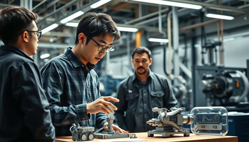 A highly detailed, photorealistic scene depicting an industrial designer collaborating with manufacturing engineers in a modern factory. The designer, a young Japanese-looking man with dark hair, is intently studying a product prototype, gesturing as he discusses design elements with the engineers standing around a workbench. Overhead, bright studio lighting casts dramatic shadows, highlighting the intricate technical equipment and machinery in the background. The atmosphere is one of focused, cooperative effort as the team works to refine the design for optimal manufacturability. The image conveys the designer's crucial role in bridging creative vision and practical production, essential to the product development process.