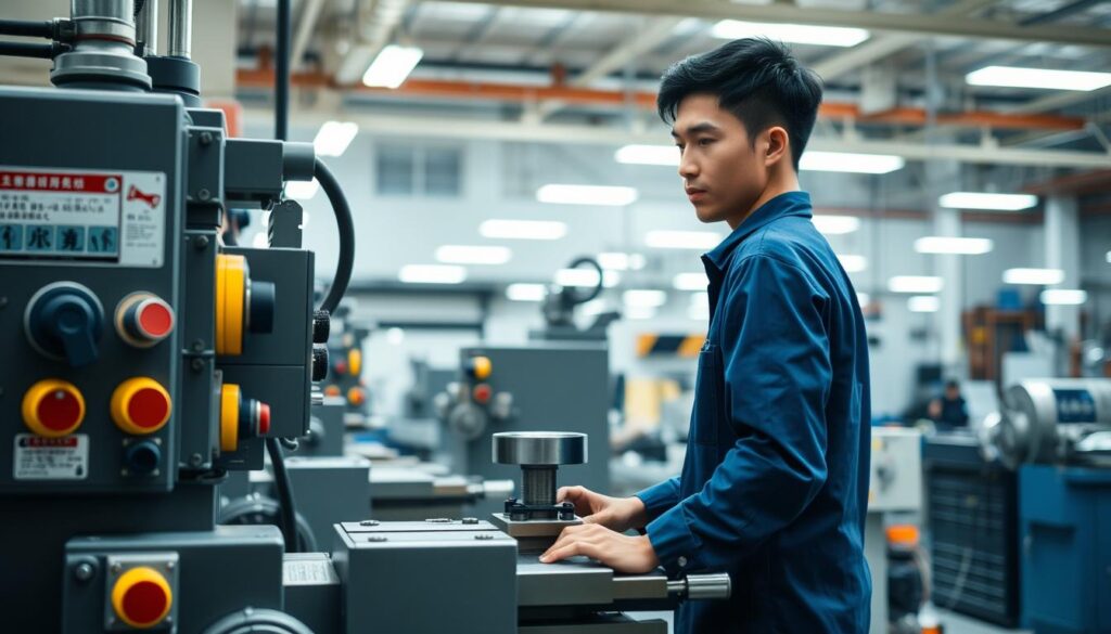 A highly detailed, precisely engineered milling machine workshop in a modern, well-lit industrial facility. The foreground depicts a young Japanese man in a blue jumpsuit diligently operating the milling machine, his eyes focused on the task at hand. The middle ground showcases various safety features, such as protective guards, emergency stop buttons, and clear signage. The background reveals a clean, organized workspace with other precision tools and equipment, all illuminated by bright, diffuse overhead lighting that casts soft shadows. The overall atmosphere conveys a sense of professionalism, technical expertise, and a strong commitment to workplace safety.
