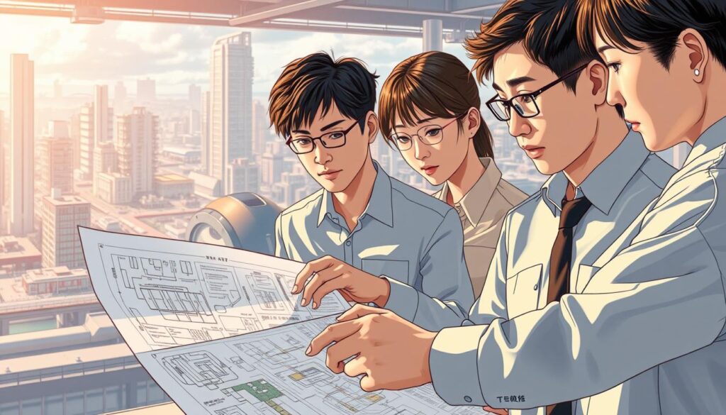 A highly detailed, realistic illustration showcasing the specialized skills and expertise of a water supply and sewage consultant. In the foreground, a group of young Japanese professionals, their faces expressing deep concentration, collaborate on intricate engineering diagrams and models. The middle ground reveals complex schematics and technical specifications, hinting at the breadth of their knowledge. In the background, a futuristic cityscape with advanced water infrastructure systems suggests the consultant's role in shaping the built environment. The scene is bathed in warm, natural lighting, conveying a sense of authority and professionalism. The overall mood is one of technical prowess, problem-solving, and the ability to navigate the nuances of water management.