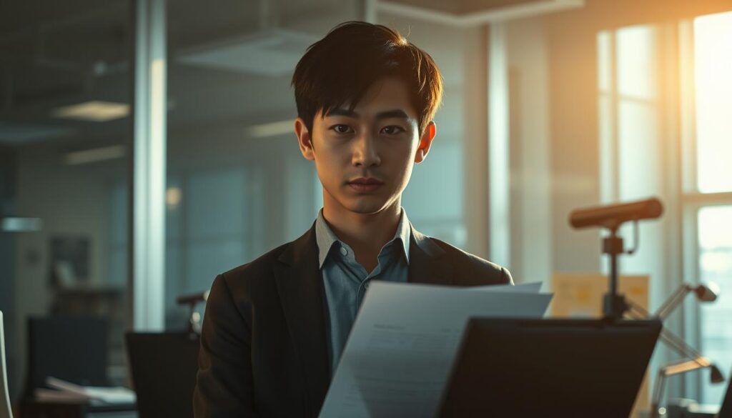 A highly skilled and knowledgeable fellow, standing in a dimly lit, modern office setting. The scene is bathed in warm, soft lighting, creating a contemplative and professional atmosphere. The fellow, a young Japanese-looking individual with black hair, is intently focused, their expression conveying deep thought and expertise. They are surrounded by various technological devices and papers, symbolizing their extensive technical prowess and specialized knowledge. The composition emphasizes the fellow's authoritative presence and the importance of their specialized skills and expertise.