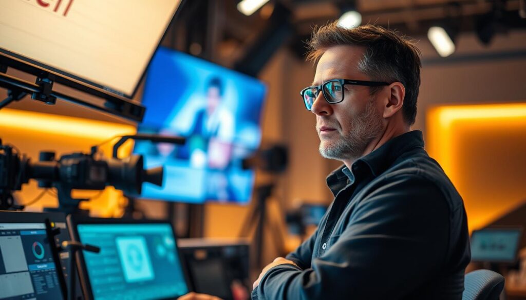 A highly-skilled technical director in a modern television studio, expertly navigating complex production workflows and cutting-edge technologies. Poised and composed, they oversee the seamless integration of lighting, cameras, and audio, ensuring a polished and professional broadcast. Their intense focus and deep technical knowledge are reflected in their calm demeanor and confident body language. The studio environment is bathed in a warm, ambient glow, with state-of-the-art equipment in the background, hinting at the director's mastery of the technical aspects of their craft. The overall scene conveys the essential skills and responsibilities of a technical director in the television industry.