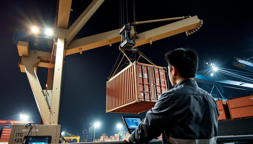 A large harbor crane operator skillfully maneuvers a heavy container onto a cargo ship, the mechanical arm gracefully extending and retracting with precise control. The operator, a young Japanese man with short black hair, intently focuses on the display panels, adjusting the speed and angle as the container is gently lowered into place. Powerful floodlights illuminate the scene, casting dramatic shadows across the rugged industrial landscape of the bustling port. The operator's movements are fluid and efficient, a testament to their extensive training and experience in the specialized field of port cargo handling.