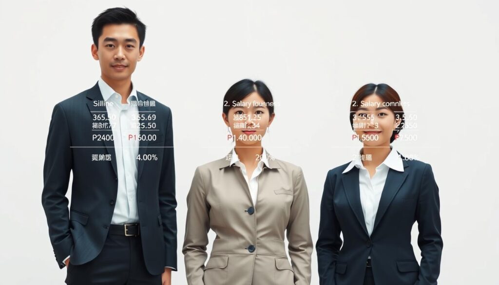 A large, high-resolution image depicting the comparative salary structures of major airline companies. The scene shows three young, Japanese-looking models, each representing a different airline, standing side by side against a clean, minimalist background. The models are dressed in formal business attire, conveying a sense of professionalism. The lighting is soft and even, highlighting the models' features and creating a sense of depth. The composition is balanced, with the models positioned at different angles to create visual interest. The overall tone is serious and informative, reflecting the technical nature of the subject matter. The image should provide a clear, data-driven visualization of the differences in compensation and benefits across the airline industry.