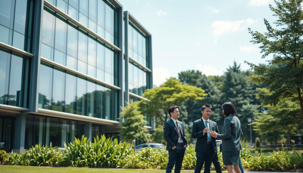 A large, modern office building with sleek glass facades and steel frames stands prominently in the foreground. A group of young, professional-looking Japanese individuals, dressed in business attire, are gathered outside the building, engaged in discussions and collaborations. The scene conveys a sense of productivity, innovation, and environmental consciousness. In the background, lush greenery and a clear, blue sky create a serene and sustainable atmosphere, reflecting the core values of an environmental consulting firm. Soft, diffused lighting illuminates the scene, highlighting the attention to detail and commitment to sustainability embodied by the company.