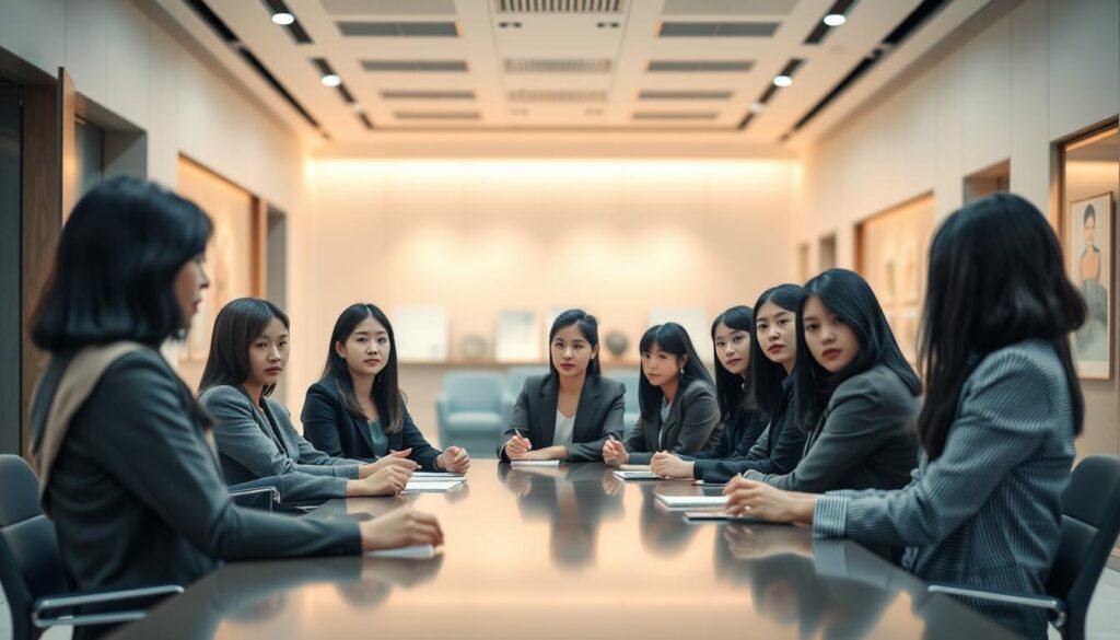 A large, modern office space with sleek, minimalist design elements. In the center, a group of young, professional-looking individuals seated around a conference table, engaged in a serious discussion. They have a polished, Japanese-inspired appearance with black hair and refined features. Soft, warm lighting illuminates the scene, creating an atmosphere of thoughtful deliberation. The background is blurred, hinting at the high-stakes nature of the "Curator Recruitment Exam" taking place. The models' poses and expressions convey a sense of focused intensity as they navigate this critical career assessment.