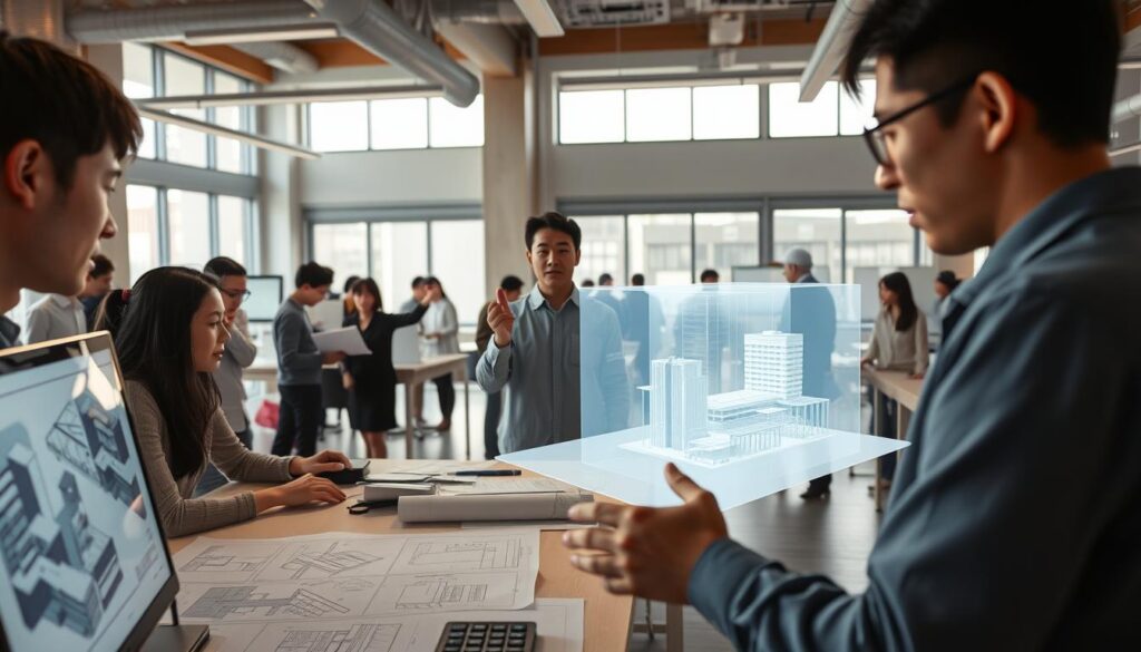 A large, well-lit architectural office filled with young, focused Japanese designers. In the foreground, a team of architects carefully reviewing blueprints and 3D models on their computer screens, discussing design details. In the middle ground, an architect presenting to a client, gesturing animatedly towards a holographic display of a proposed building. In the background, other team members collaborating on sketches, making calculations, and conferring over design challenges. Soft, natural lighting filters in through large windows, casting a warm glow over the scene. The overall atmosphere is one of dynamic productivity and creative problem-solving.