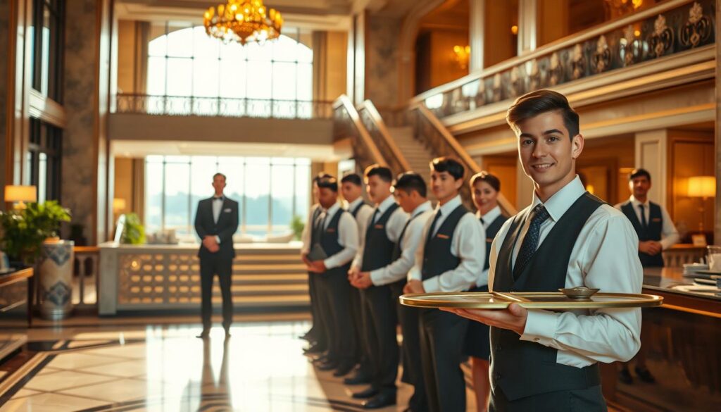 A lavish hotel lobby, bathed in warm, golden light. In the foreground, a young, immaculately dressed server stands at the ready, tray in hand, eyes focused and attentive. Behind them, a line of servers, each displaying a range of experience and expertise, from eager trainees to seasoned veterans. The middle ground reveals a prestigious, marble-clad staircase, leading up to an elegantly appointed mezzanine level. In the background, a panoramic view of the hotel's grand exterior, hinting at the prestige and luxury of the establishment. The scene conveys a sense of professionalism, hierarchy, and the opportunity for advancement within the hospitality industry.