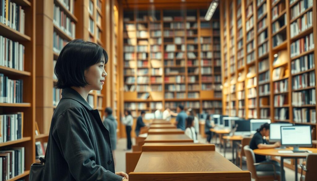 A library interior with tall bookshelves lining the walls, creating a warm, inviting atmosphere. In the foreground, a young Japanese-looking librarian with short black hair stands behind a wooden circulation desk, assisting a patron. In the middle ground, other librarians are shelving books or helping students at various workstations. The lighting is soft and natural, casting a gentle glow over the scene. The overall mood is one of intellectual curiosity and scholarly pursuit, reflecting the diverse employment opportunities and work environments available to librarians.