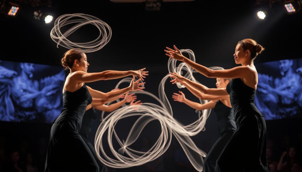 A live performance showcasing the art of manipulation, with a troupe of skilled Japanese performers. Graceful and mesmerizing movements, their nimble fingers weaving intricate patterns in the air. Dramatic lighting casts dynamic shadows, heightening the illusion. Sleek black costumes accentuate their lithe forms as they captivate the audience with spellbinding illusions. A sense of wonder and awe permeates the scene, as the manipulators effortlessly defy the laws of physics. The stage is set for a captivating display of the mastery of this unique performance art.