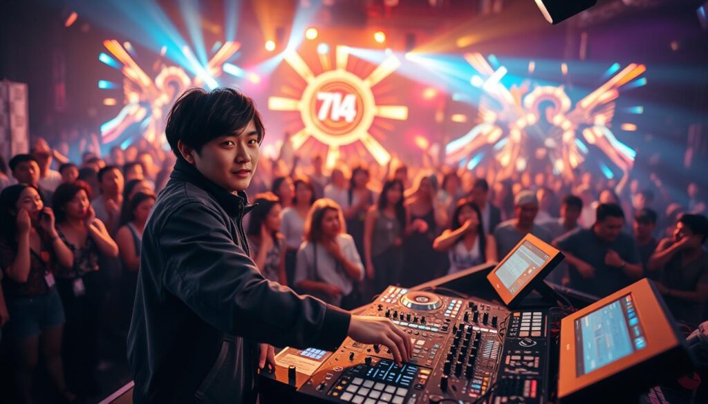 A lively, dynamic scene of a video jockey at work, capturing the energy and excitement of their profession. In the foreground, a young, Japanese-looking person with dark hair stands confidently behind a sleek, cutting-edge DJ console, their hands expertly manipulating the various knobs and sliders. The middle ground features a crowd of attentive, energetic partygoers, their faces aglow with the vibrant, pulsing lights. In the background, a bold, immersive stage backdrop sets the scene, with striking visuals that complement the music and create an immersive, captivating atmosphere. The lighting is dramatic, with a mix of warm and cool tones that accentuate the mood and intensity of the performance. The overall composition conveys the thrill, challenge, and fulfillment of being a video jockey, showcasing their technical mastery and ability to captivate an audience.