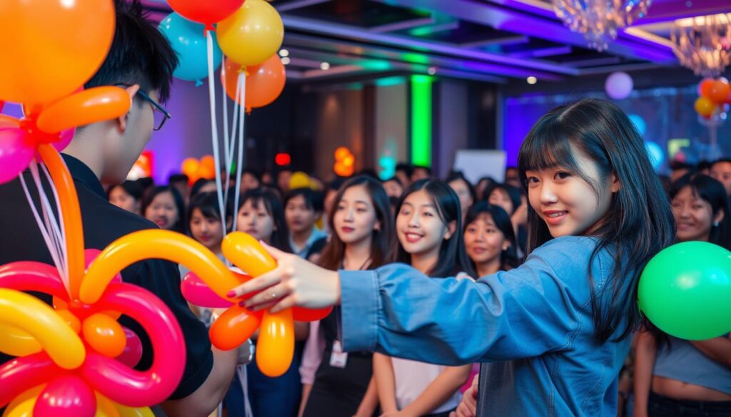 A lively event hosted by a talented balloon artist, capturing the attention of a captivated audience. In the foreground, the artist skillfully manipulates vibrant balloons, crafting intricate shapes and whimsical designs. The middle ground showcases a diverse crowd, their faces alight with wonder and delight as they watch the performance unfold. The background features a festive atmosphere, with colorful lighting and a sleek, modern event space setting the stage. The models, with their youthful Japanese-inspired features and dark hair, immerse the viewer in the energy and excitement of this unique artistic display.