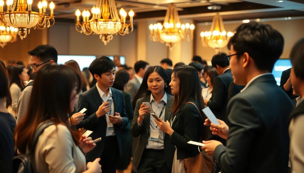 A lively networking event in the heart of the music industry. Young Japanese professionals mingle and exchange business cards under the warm glow of chandeliers, their stylish outfits and attentive expressions conveying a sense of opportunity and connection. In the foreground, a group animatedly discusses their latest projects, while in the middle ground, others listen intently or make new introductions. The background is softly blurred, allowing the focus to remain on the dynamic social interactions that define this vibrant scene. Subtle highlights and a natural, cinematic lighting scheme lend an air of professionalism and sophistication to the overall image.