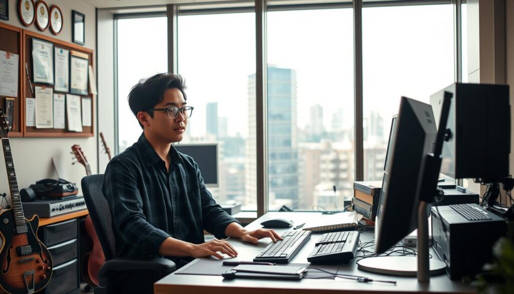 A lively office scene showcasing a young, Japanese-looking professional arranger climbing the career ladder. In the foreground, the arranger sits at a desk, intensely focused on their computer screen, surrounded by musical instruments and sound equipment. The middle ground features a bulletin board with awards and certificates, representing their growing expertise. In the background, a large window offers a view of a bustling city skyline, hinting at the arranger's expanding influence and opportunities. Soft, warm lighting creates a productive, ambitious atmosphere, highlighting the arranger's determination to advance their career.