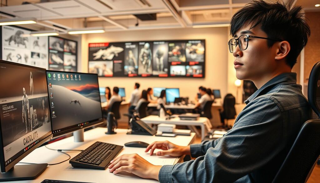 A lively scene of a successful Japanese video game designer showcasing their career triumphs. In the foreground, the designer, a young professional with a thoughtful, determined expression, sits at a sleek, minimalist workstation, surrounded by cutting-edge technology and the tools of their craft. The middle ground features a wall-mounted display, presenting concept art, wireframes, and screenshots from their acclaimed game projects. In the background, a panoramic view of a bustling game development studio, teeming with creative energy and collaborative spirit. Warm, diffused lighting illuminates the scene, conveying a sense of accomplishment and inspiration. The overall composition highlights the designer's talent, passion, and the rewarding journey of their gaming career.