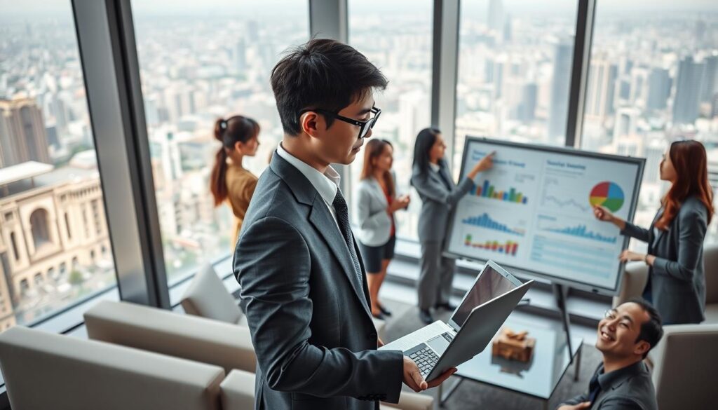 A lively scene of a tourism consultant's workday, set in a modern office with sleek furnishings and large windows overlooking a bustling cityscape. In the foreground, a young Japanese professional, dressed smartly in a tailored suit, reviews digital presentations and client proposals on a state-of-the-art laptop. The middle ground features a team of consultants engaged in animated discussions, gesturing towards market research data displayed on a large interactive whiteboard. In the background, panoramic views of the urban landscape provide a dynamic backdrop, conveying the consultant's role in shaping the tourism industry. Soft, directional lighting creates a sense of productivity and professionalism, while the overall composition emphasizes the consultant's analytical skills, industry expertise, and collaborative nature.