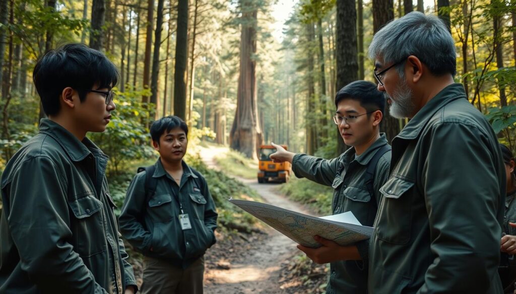 A lush forest setting with a winding path, the warm glow of natural light filtering through the canopy above. In the foreground, a group of young Japanese forestry workers, their faces determined, examining a detailed map. Behind them, a middle-aged mentor points towards a stand of towering trees, gesturing with a weathered hand. In the background, a glimpse of modern logging equipment, a symbol of the industry's evolution. The scene radiates a sense of professionalism, expertise, and a deep connection to the land. Crisp, realistic details capture the essence of a forestry career path.