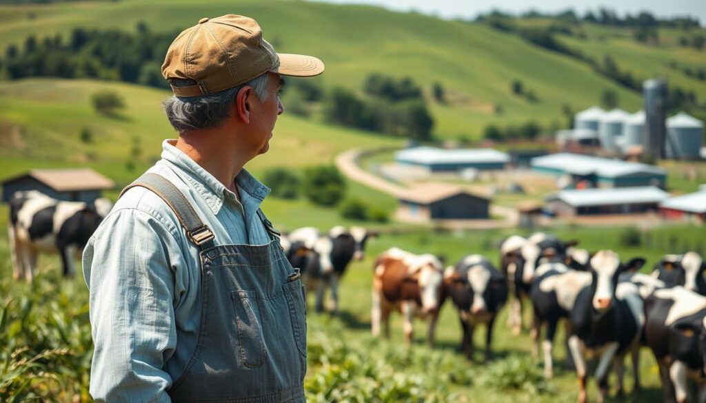 A lush, sun-dappled dairy farm nestled in the rolling hills. In the foreground, a weathered farmer in worn overalls and a faded cap gazes contemplatively at a herd of docile Holstein cows. The middle ground reveals a well-tended milking parlor, while in the distance, a modern silo and barn complex hint at the farm's technological advancements. The scene conveys a sense of both tradition and progress, as the farmer navigates the challenges of maintaining a sustainable, ethical operation amidst evolving industry demands. Soft, natural lighting lends a sense of tranquility, yet the farmer's pensive expression suggests the complexities of modern dairy farming. The overall atmosphere evokes the hard work, resilience, and future-facing vision required of Japan's next generation of dairy producers.