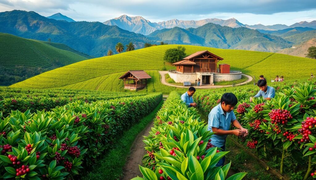 A lush, verdant coffee plantation nestled in the rolling hills, with rows of vibrant green coffee bushes stretching out as far as the eye can see. In the foreground, a group of young, Japanese-looking men are carefully harvesting the ripe, red coffee cherries, their movements precise and methodical. The mid-ground reveals the drying process, with workers meticulously sorting and tending to the freshly picked beans. In the distance, a traditional coffee mill stands amidst a backdrop of towering mountains, their peaks kissed by the warm, golden light of the sun. The scene is infused with a sense of tranquility and expertise, capturing the essence of the coffee bean's journey from plant to cup.