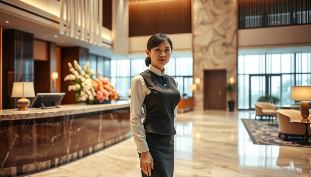 A luxurious hotel lobby with a grand marble counter, where a graceful young Japanese woman in a crisp uniform stands ready to assist guests. Soft lighting casts a warm glow, reflecting off the polished surfaces. The woman's attentive expression conveys her commitment to providing exceptional hospitality. In the background, a tasteful floral arrangement and elegant furnishings create an atmosphere of refined elegance. The scene captures the essence of a grand hostess's role - welcoming visitors with poise, efficiency, and a genuine dedication to exceptional service.