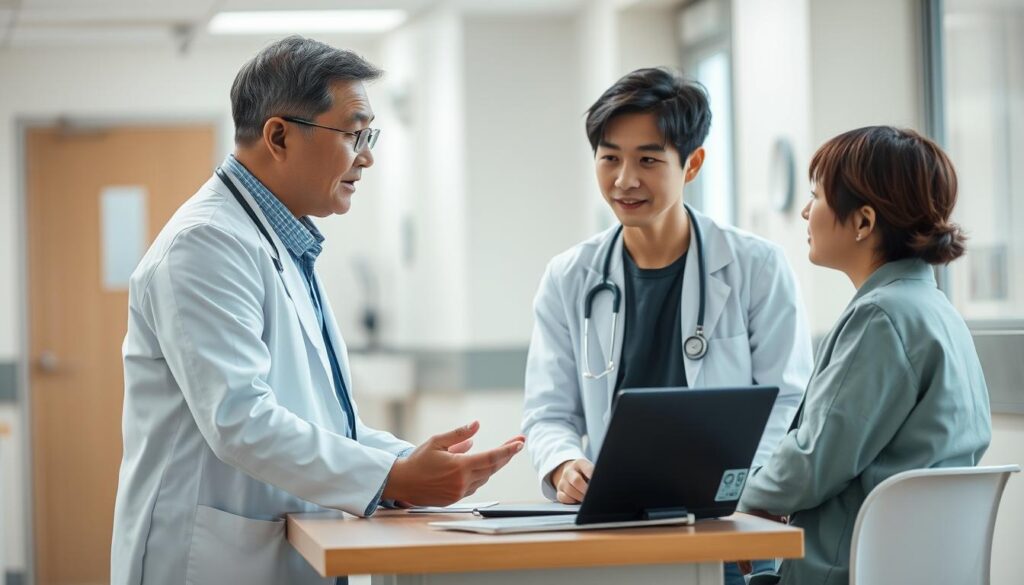 A medical social worker diligently consults with a patient in a well-lit hospital ward. The social worker, dressed in professional attire, leans forward attentively, conveying empathy and care. The patient, a young Japanese individual, sits across the desk, engaged in a thoughtful discussion. The scene is captured with a medium shot, highlighting the interpersonal dynamics and the social worker's focus on addressing the patient's needs. The lighting is soft and natural, creating a calming atmosphere conducive to the sensitive nature of the consultation. The background is blurred, allowing the viewer to concentrate on the central interaction between the social worker and the patient.