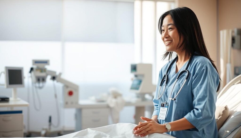 A medical social worker in a hospital setting, standing in a well-lit ward, conversing with a patient on a hospital bed. The worker's expression is caring and attentive, their body language open and engaged. In the background, medical equipment and supplies are visible, suggesting a professional, clinical environment. The lighting is soft and natural, creating a warm, comforting atmosphere. The worker's appearance is that of a young, Japanese-looking individual with black hair, reflecting the provided details. The image conveys the medical social worker's role in providing compassionate, holistic care to patients and their families.