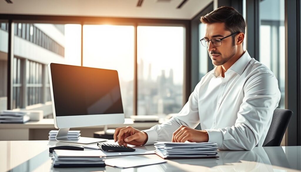 A meticulous accountant diligently verifying figures in a pristine office, sunlight streaming through large windows. The male model in a crisp white shirt and navy slacks, his focused expression conveying the importance of his work. Behind him, a neatly organized desk with a computer, calculator, and stacks of documents. The background features sleek, modern architecture and a cityscape visible through the windows, suggesting the professional and urban setting of the role. The lighting is warm and natural, capturing the precision and care the accountant brings to their responsibilities. An atmosphere of competence and concentration pervades the scene.