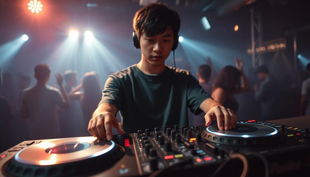A meticulously composed image of a professional club DJ showcasing their technical prowess. Centered in the frame, a young Japanese-looking individual stands behind a state-of-the-art DJ setup, their hands deftly manipulating various knobs, sliders, and turntables. The foreground is sharply in focus, revealing the intricate details of the equipment and the DJ's nimble movements. The middle ground features a dimly lit, atmospheric club environment, with hazy lighting and the silhouettes of dancing patrons in the background. The overall mood is one of intense focus and technical mastery, highlighting the specialized skills required to be an accomplished club DJ.
