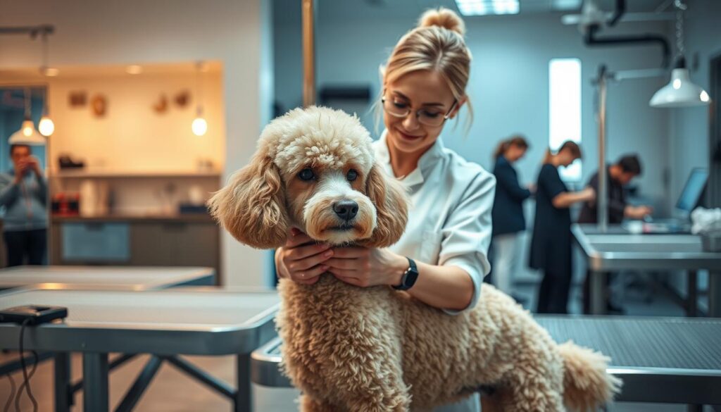 A meticulously composed image showcasing the daily duties of a professional groomer. The foreground features a skilled groomer, dressed in a clean white smock, carefully trimming the lush coat of a well-groomed Poodle. The middle ground captures the serene, spa-like ambiance of the grooming salon, with sleek steel grooming tables and neatly organized supplies. The background offers a glimpse into the efficient workflow, with additional groomers tending to other clients' pets. Soft, directional lighting casts a warm, inviting glow, highlighting the groomer's focused expression and the gleaming, healthy fur of the dog. The overall scene conveys the dedication, expertise, and satisfaction inherent in this rewarding career.