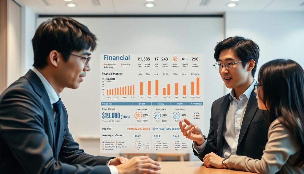 A meticulously composed image showcasing the financial reality of Japanese financial planners. In the foreground, a group of three young, professional-looking individuals with black hair and Asian features, dressed in formal attire, engaged in an animated discussion. Their expressions convey a sense of deep contemplation, reflecting the complexity of their work. The middle ground features a detailed infographic displaying statistics and charts related to financial planner salaries, highlighting the factors that determine their income. The background is a serene, minimalist office setting, with clean lines and soft lighting, creating a sense of clarity and focus. The overall mood is one of analytical precision, reflecting the analytical nature of the financial planning profession.
