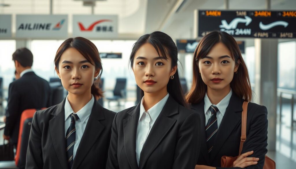 A meticulously composed scene showcasing the disparities in compensation and benefits among airline dispatchers. The foreground features three young, professional-looking Japanese individuals in formal attire, representing dispatchers from different airlines. They are positioned side-by-side, their faces capturing a thoughtful, analytical expression. The middle ground unveils a sleek, modern airport terminal, with the airline logos prominently displayed on signage and overhead screens. The background subtly fades into a panoramic view of the city skyline, suggesting the broader industry context. The lighting is soft and natural, casting an air of seriousness and objectivity, allowing the subject matter to take center stage. The overall composition conveys a sense of comparative analysis, inviting the viewer to explore the nuances of the dispatcher's role and the contrasting employer policies.