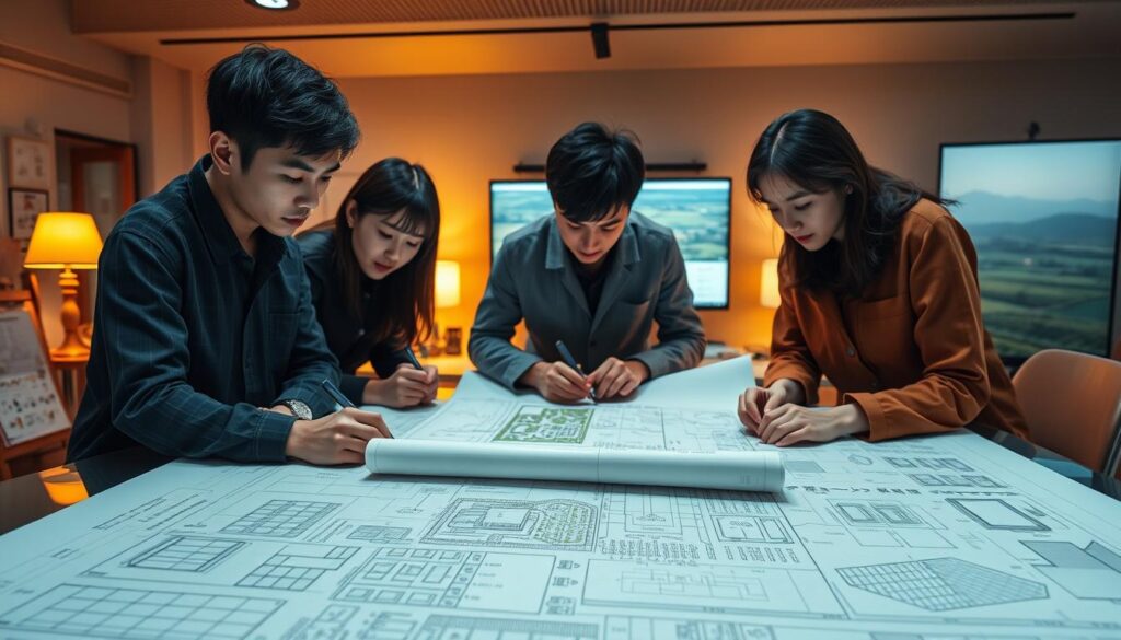 A meticulously crafted blueprint showcasing the intricate design process of agricultural civil engineering projects. In the foreground, a team of young Japanese engineers, their focused expressions illuminated by the warm glow of desk lamps, pore over detailed plans spread across a large drafting table. The middle ground reveals a computer screen displaying 3D rendered models, while the background suggests the serene rural landscape that will eventually be transformed by their work. Precise lines, precise angles, and a sense of technocratic precision permeate the scene, captured through a high-resolution, cinematic lens that emphasizes the importance and complexity of this vital design stage.
