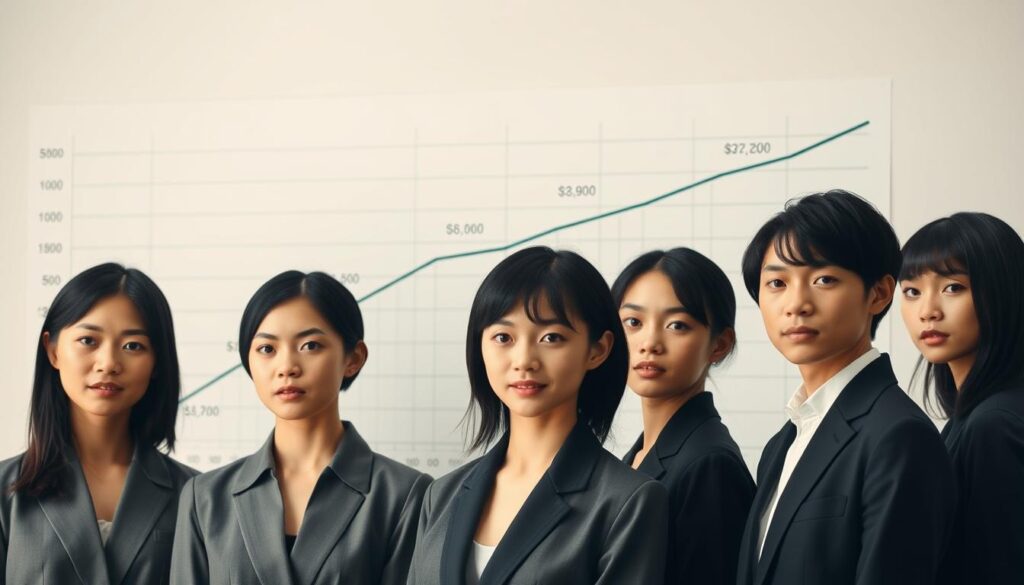 A meticulously crafted graph illustrates the varied income levels of fashion patternmakers in Japan. In the foreground, a group of youthful, dark-haired Japanese models stands before the data visualization, their expressions conveying a sense of professionalism and expertise. The middle ground features the graph itself, displaying income ranges with precision and clarity, while the background evokes a minimalist, studio-like setting, allowing the information to take center stage. The lighting is soft and diffused, casting a warm, contemplative tone over the scene. This visually striking image seamlessly blends realism and data visualization, providing a compelling snapshot of the financial landscape for this specialized profession.