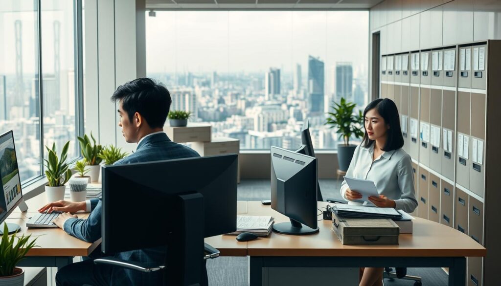 A meticulously crafted image depicting the daily life and financial standing of Japanese bureaucrats. In the foreground, three young professionals - a man and two women - sit at their desks, focused on their computer screens and paperwork, conveying the diligence and dedication required in their roles. The middle ground showcases the orderly, well-organized office environment, with filing cabinets, potted plants, and a sense of quiet efficiency. The background features a panoramic view of a modern cityscape, hinting at the bureaucrats' influential positions within the larger governmental framework. The lighting is soft and natural, creating a calm, professional atmosphere. The scene is captured with a high-quality lens, emphasizing the attention to detail and precision inherent in the bureaucratic work. This image aims to holistically represent the work, compensation, and required skills of the Japanese bureaucrat.