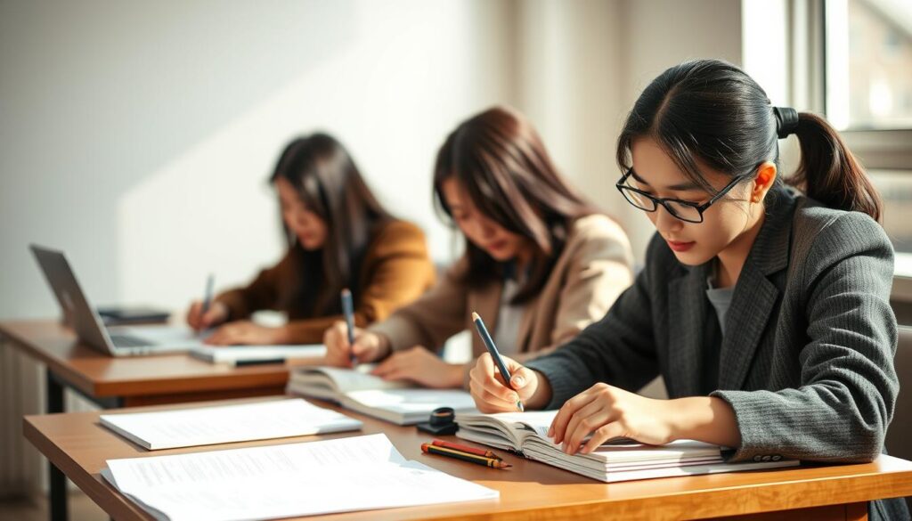 A meticulously crafted image of young, Japanese-looking individuals sitting at a desk, intently studying for the Optometrist National Qualification Examination. The scene is illuminated by soft, natural lighting, casting gentle shadows and highlighting the focused expressions on their faces. The desk is neatly organized, with textbooks, papers, and pencils arranged in a precise manner, conveying a sense of diligence and preparation. The background is subtly blurred, emphasizing the central focus on the examination process. The overall atmosphere is one of determination and professionalism, capturing the essence of the "資格取得のプロセスと試験対策" section.