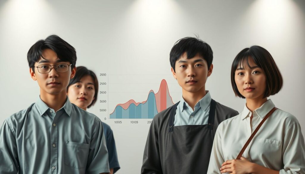 A meticulously crafted image showcasing the annual income distribution of musical instrument makers. In the foreground, a group of young, Japanese-looking individuals stand before a sleek, minimalist backdrop, their expressions pensive yet focused. The middle ground features a data visualization in the form of a color-coded histogram, depicting the range of salaries within the profession. The background is softly illuminated, with a muted palette that evokes a sense of professionalism and expertise. The overall composition exudes a serene, analytical atmosphere, perfectly suited to illustrate the "Average Income and Salary Structure of Instrument Makers" section of the article.