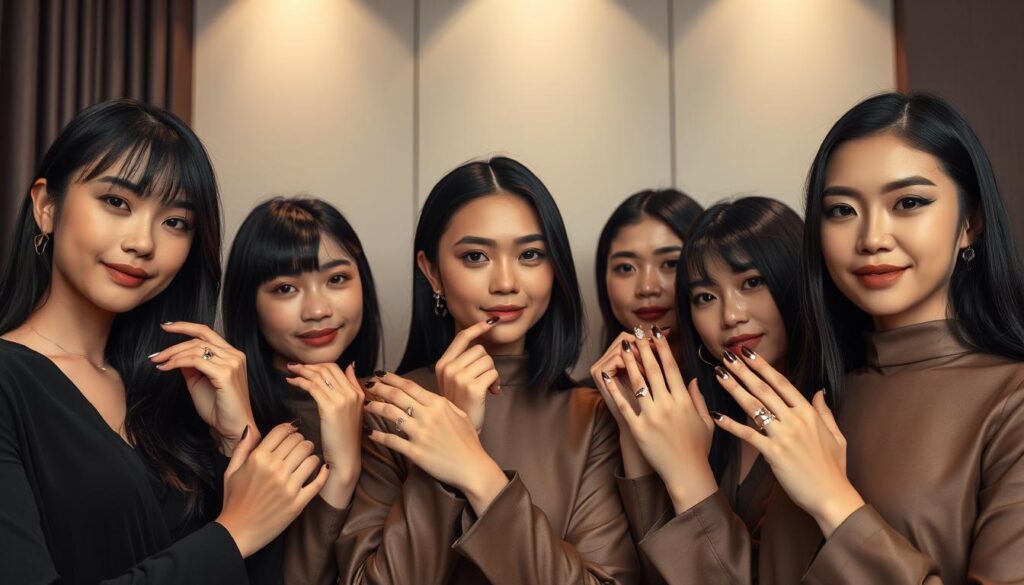 A meticulously crafted image showcasing the essence of a jewelry designer's certification. Set against a sophisticated backdrop, a group of young, Japanese-looking models with sleek black hair pose gracefully, their hands adorned with exquisite jewelry pieces they have designed. The lighting is soft and diffused, creating a sense of elegance and professionalism. The models' expressions convey a deep understanding and passion for their craft, reflecting the dedication required to earn this prestigious credential. The overall atmosphere evokes a sense of expertise, creativity, and the pursuit of excellence in the world of jewelry design.
