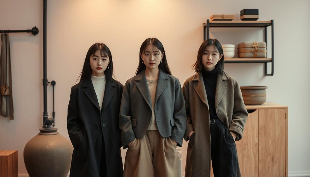 A meticulously crafted industrial design showcase, capturing the essence of modern aesthetic sensibilities. A trio of young, Japanese-inspired models pose amidst a minimalist, muted-tone setting, their refined features and elegant postures exuding a sense of understated sophistication. Subtle lighting highlights the clean lines and tactile materials of the surrounding industrial-chic décor, creating an atmosphere of refined utility. The overall composition conveys a harmonious balance of form and function, reflecting the design philosophy at the heart of this industry.